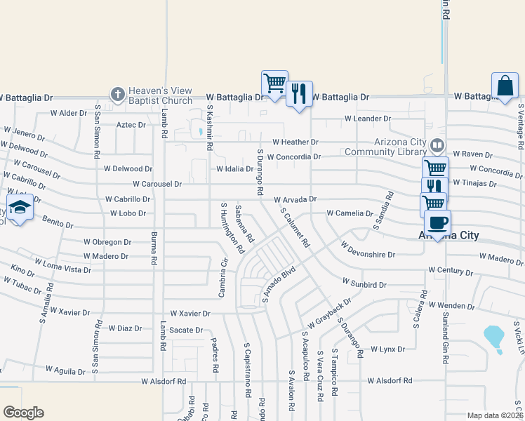 map of restaurants, bars, coffee shops, grocery stores, and more near 13524 South Durango Road in Arizona City