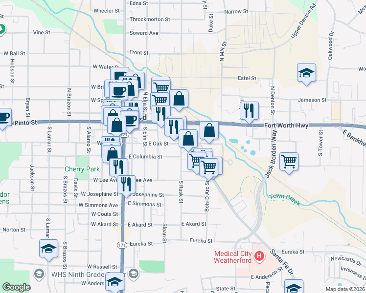 map of restaurants, bars, coffee shops, grocery stores, and more near 200 Santa Fe Drive in Weatherford