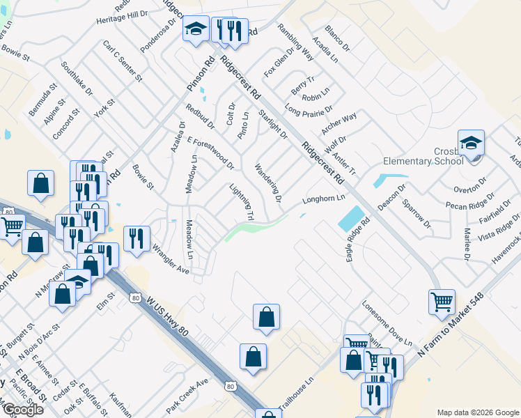 map of restaurants, bars, coffee shops, grocery stores, and more near 107 Redbud Drive in Forney