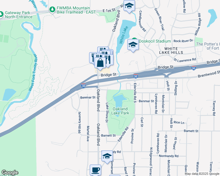 map of restaurants, bars, coffee shops, grocery stores, and more near 1421 Lake Shore Drive in Fort Worth