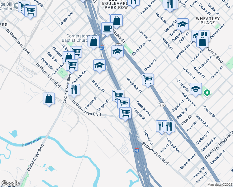 map of restaurants, bars, coffee shops, grocery stores, and more near 3531 Spence Street in Dallas