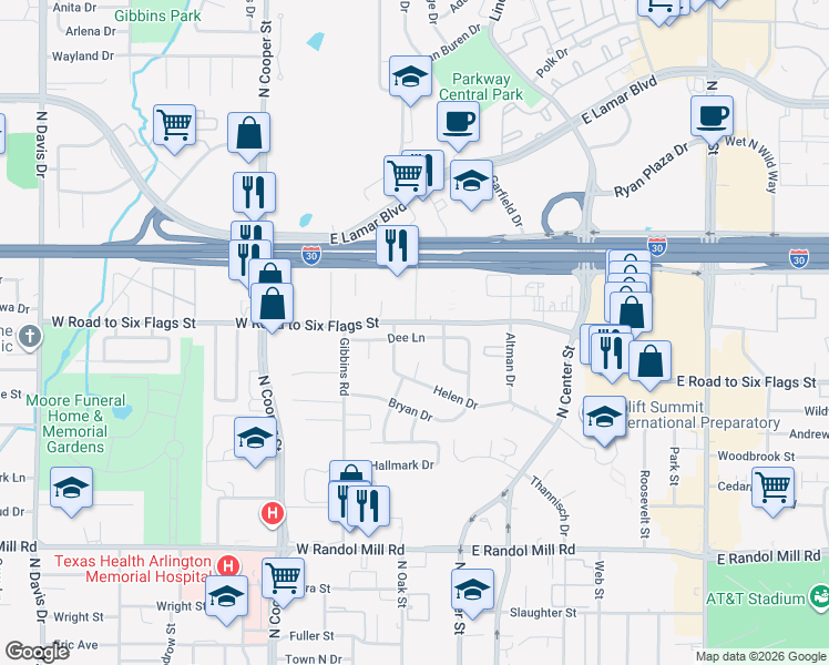 map of restaurants, bars, coffee shops, grocery stores, and more near 309 Dee Lane in Arlington