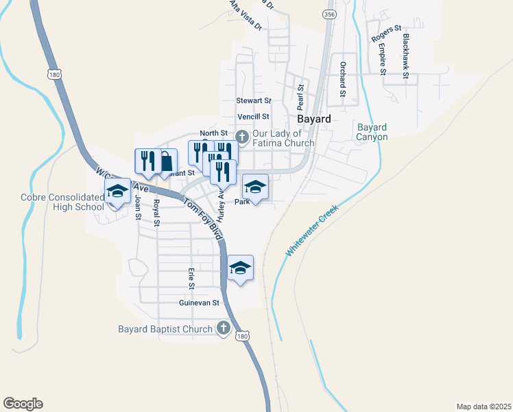 map of restaurants, bars, coffee shops, grocery stores, and more near 100 Park Street in Bayard