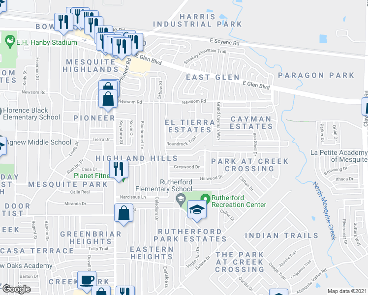 map of restaurants, bars, coffee shops, grocery stores, and more near 1530 Roundrock Trail in Mesquite