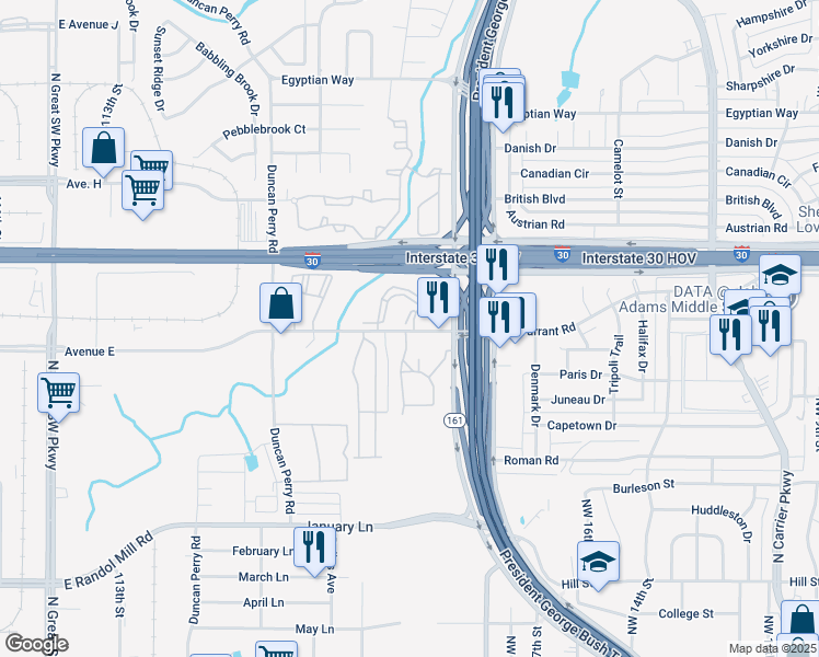 map of restaurants, bars, coffee shops, grocery stores, and more near 2102 West Tarrant Road in Grand Prairie