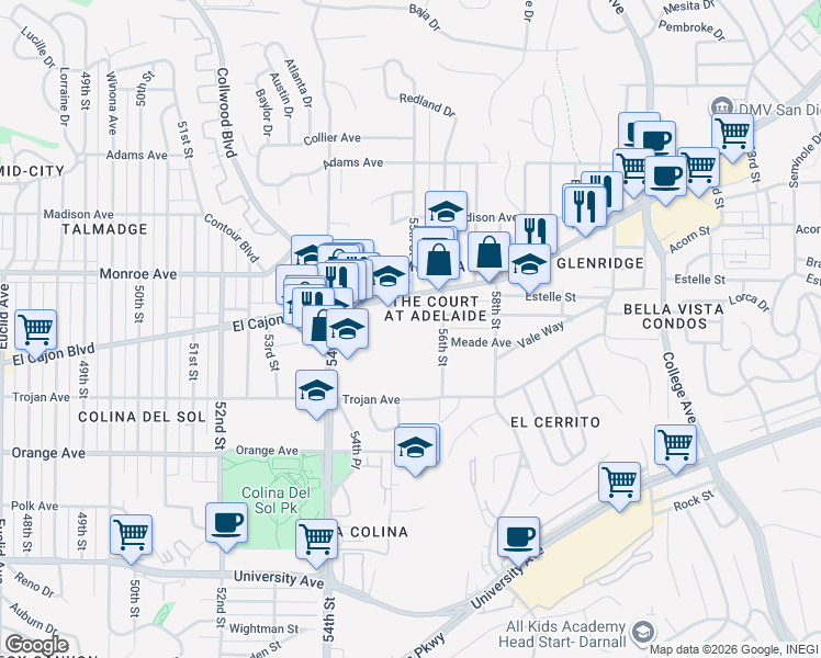 map of restaurants, bars, coffee shops, grocery stores, and more near 5505 Adelaide Avenue in San Diego