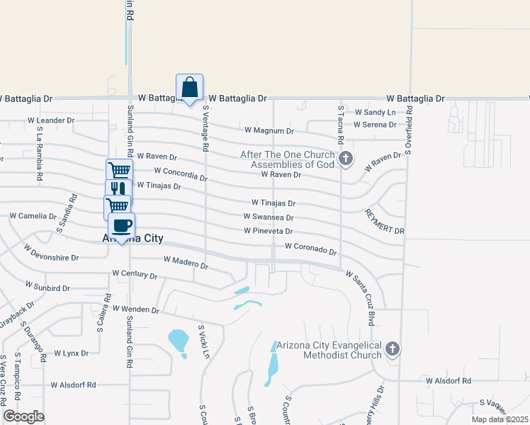 map of restaurants, bars, coffee shops, grocery stores, and more near 8852 West Swansea Drive in Arizona City