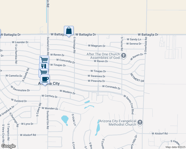 map of restaurants, bars, coffee shops, grocery stores, and more near 8852 West Swansea Drive in Arizona City