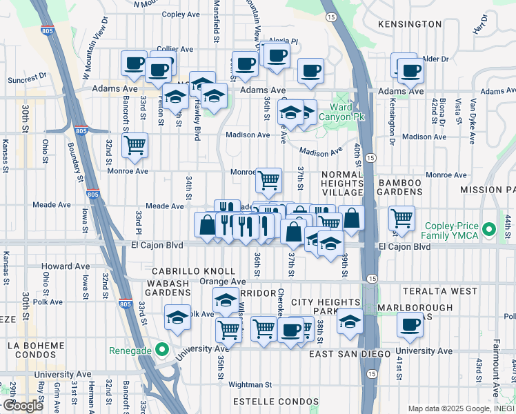 map of restaurants, bars, coffee shops, grocery stores, and more near Meade Avenue & 36th Street in San Diego