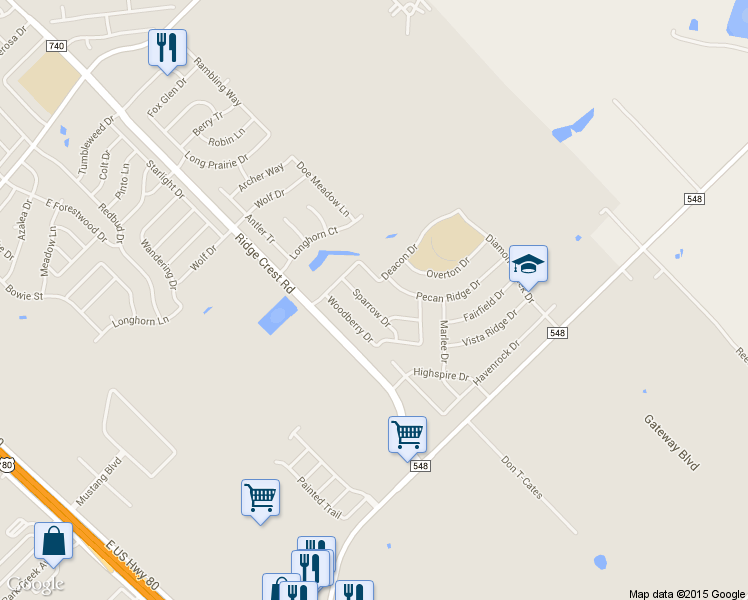 map of restaurants, bars, coffee shops, grocery stores, and more near 2308 Sparrow Drive in Forney
