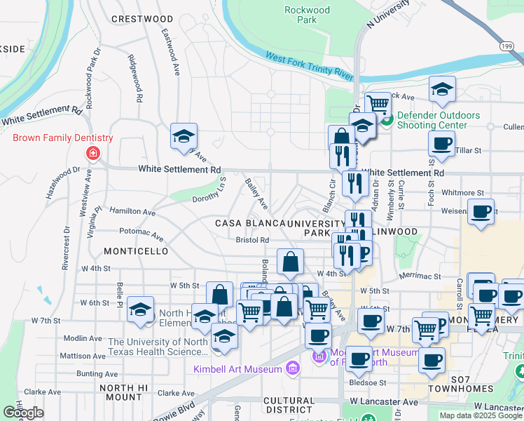 map of restaurants, bars, coffee shops, grocery stores, and more near 200 Bailey Avenue in Fort Worth