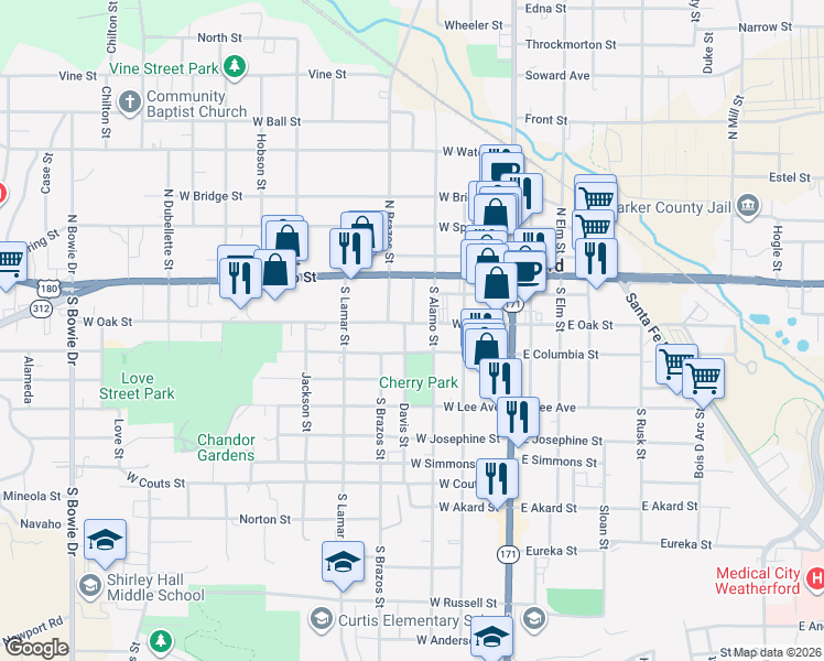 map of restaurants, bars, coffee shops, grocery stores, and more near 311 West Oak Street in Weatherford