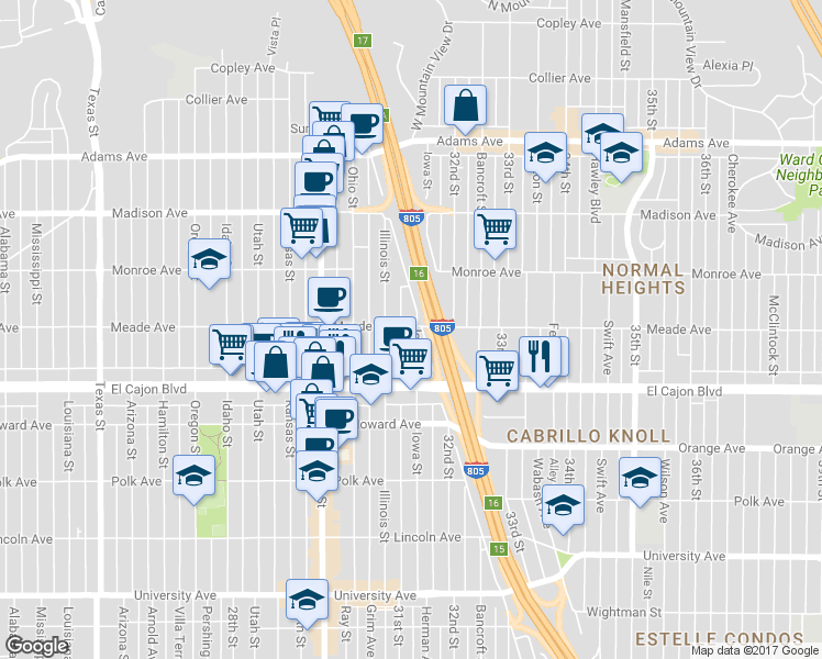 map of restaurants, bars, coffee shops, grocery stores, and more near 3145 Meade Avenue in San Diego