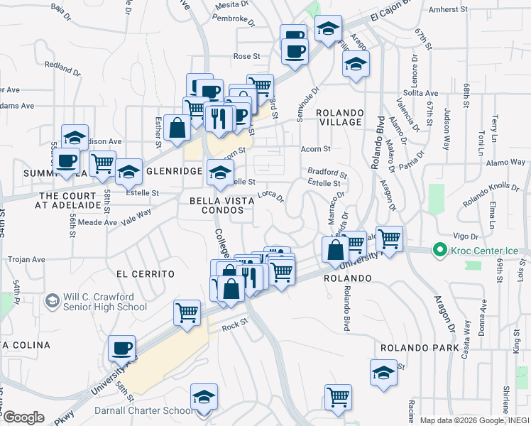 map of restaurants, bars, coffee shops, grocery stores, and more near 4372 Cartagena Drive in San Diego