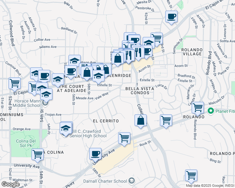 map of restaurants, bars, coffee shops, grocery stores, and more near 5988 Trojan Avenue in San Diego