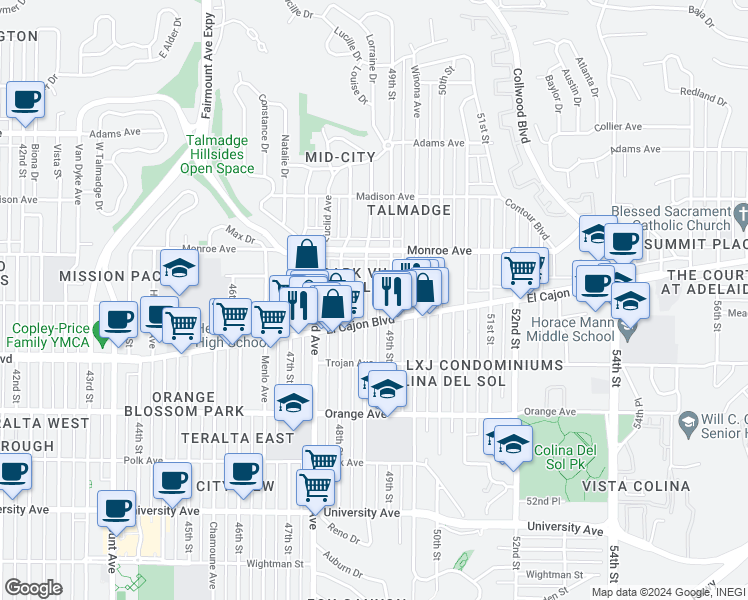 map of restaurants, bars, coffee shops, grocery stores, and more near 4421 Estrella Avenue in San Diego