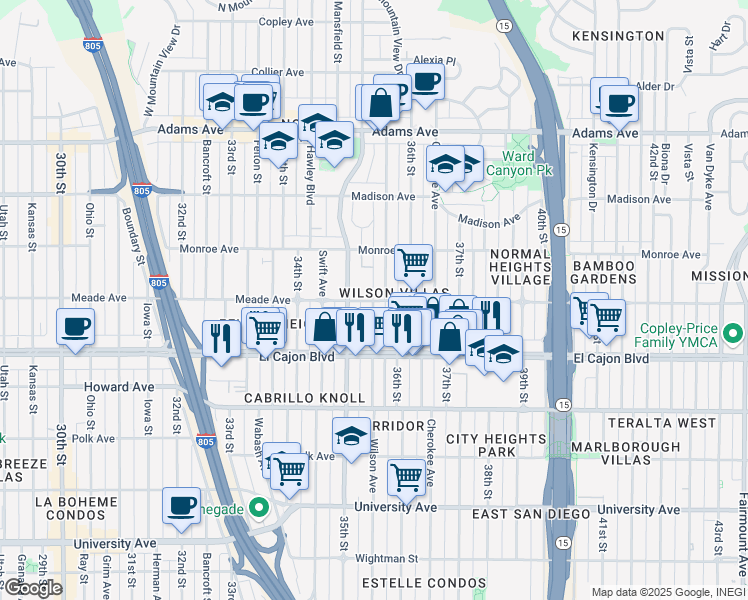 map of restaurants, bars, coffee shops, grocery stores, and more near 4396 Wilson Avenue in San Diego