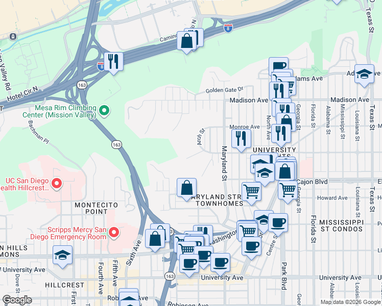 map of restaurants, bars, coffee shops, grocery stores, and more near 1032 Meade Avenue in San Diego