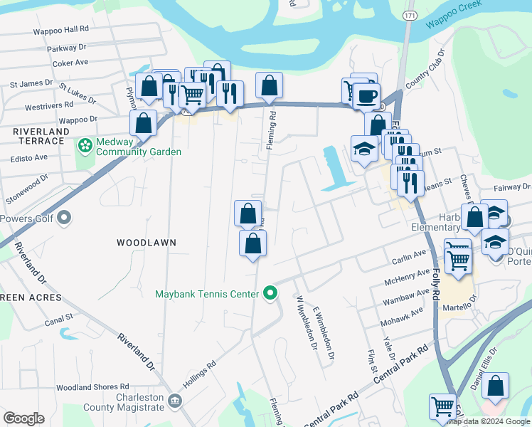 map of restaurants, bars, coffee shops, grocery stores, and more near 359 Fleming Road in Charleston