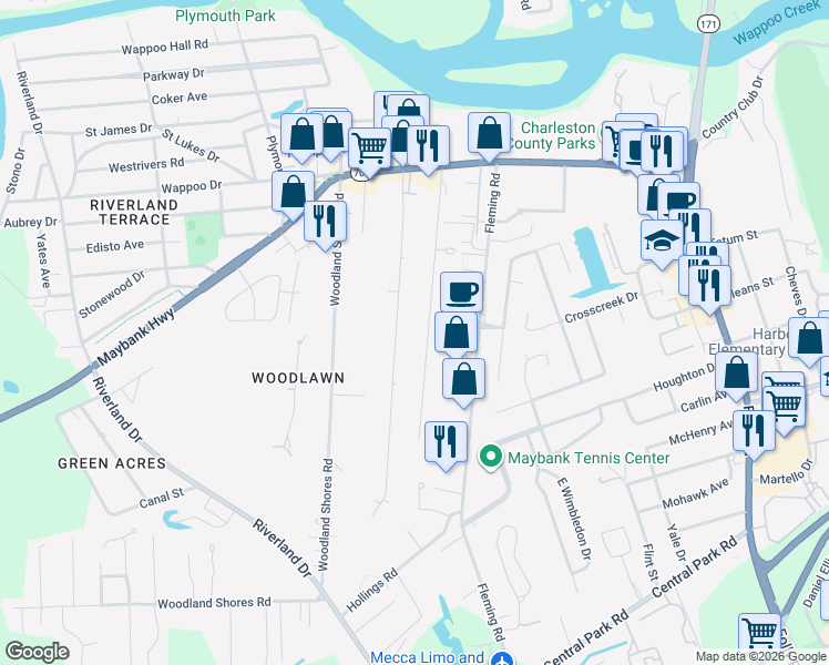 map of restaurants, bars, coffee shops, grocery stores, and more near 301 Stefan Drive in Charleston