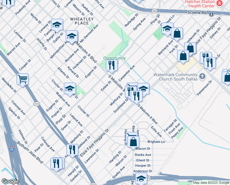 map of restaurants, bars, coffee shops, grocery stores, and more near 2714 Carpenter Avenue in Dallas