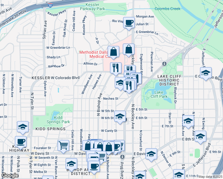 map of restaurants, bars, coffee shops, grocery stores, and more near 1119 North Madison Avenue in Dallas