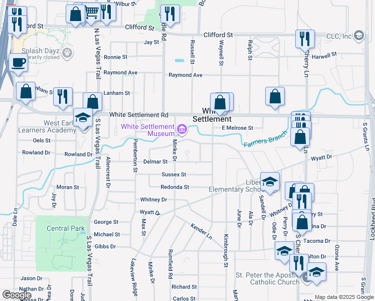 map of restaurants, bars, coffee shops, grocery stores, and more near 7 Delmar Court in White Settlement