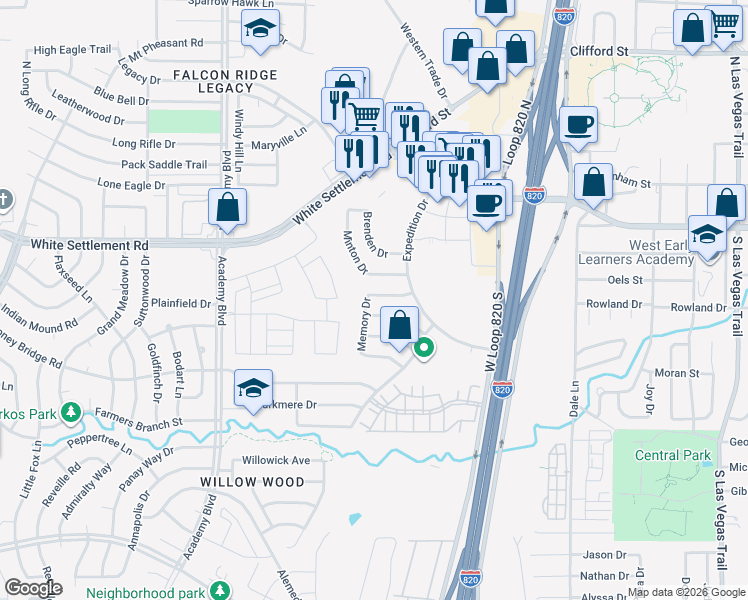 map of restaurants, bars, coffee shops, grocery stores, and more near 237 Memory Drive in Fort Worth