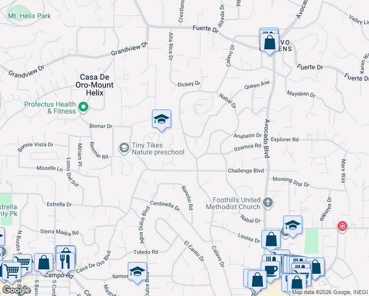 map of restaurants, bars, coffee shops, grocery stores, and more near 4245 Calavo Drive in La Mesa