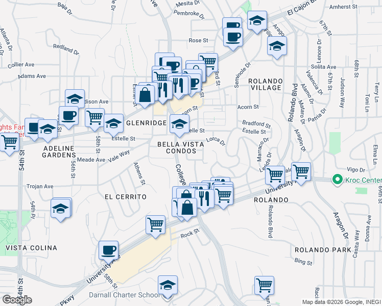 map of restaurants, bars, coffee shops, grocery stores, and more near 6154 Carling Way in San Diego