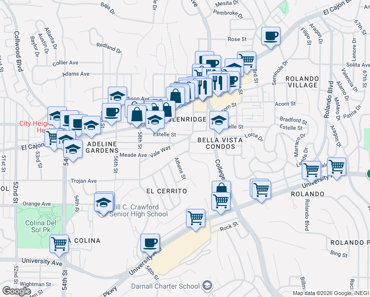 map of restaurants, bars, coffee shops, grocery stores, and more near 5988 Trojan Avenue in San Diego
