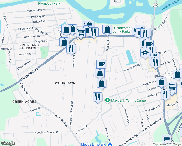 map of restaurants, bars, coffee shops, grocery stores, and more near 301 Stefan Drive in Charleston