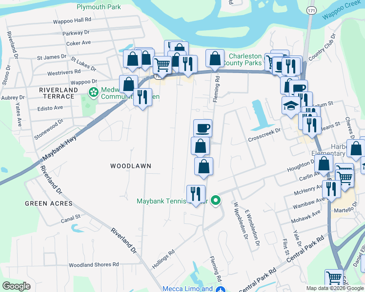 map of restaurants, bars, coffee shops, grocery stores, and more near 301 Stefan Drive in Charleston