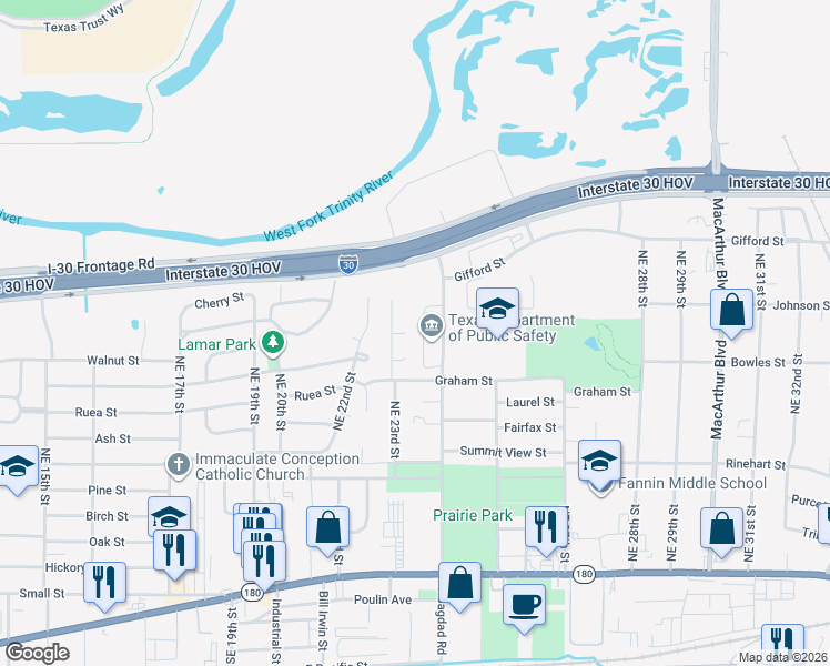 map of restaurants, bars, coffee shops, grocery stores, and more near 2309 Sharlis Circle in Grand Prairie