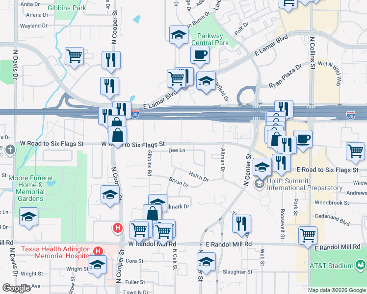 map of restaurants, bars, coffee shops, grocery stores, and more near 309 Dee Lane in Arlington