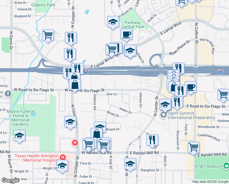 map of restaurants, bars, coffee shops, grocery stores, and more near 309 Dee Lane in Arlington
