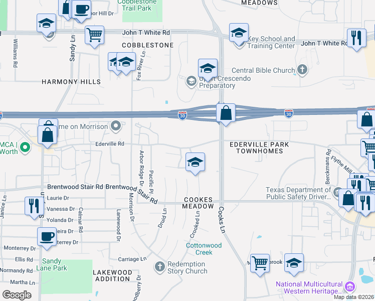 map of restaurants, bars, coffee shops, grocery stores, and more near 1505 Redstone Drive in Fort Worth
