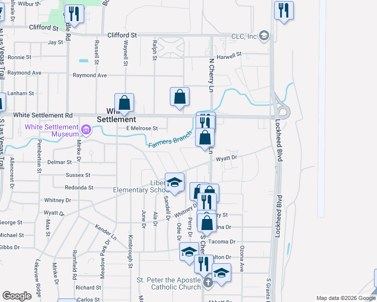 map of restaurants, bars, coffee shops, grocery stores, and more near 7913 Wilson Cliff Drive in White Settlement