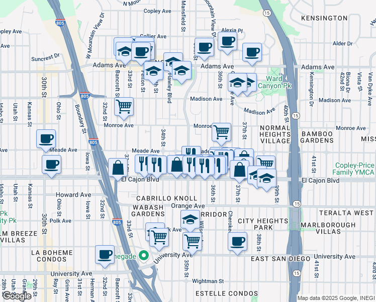 map of restaurants, bars, coffee shops, grocery stores, and more near 35th St & Meade Ave in San Diego