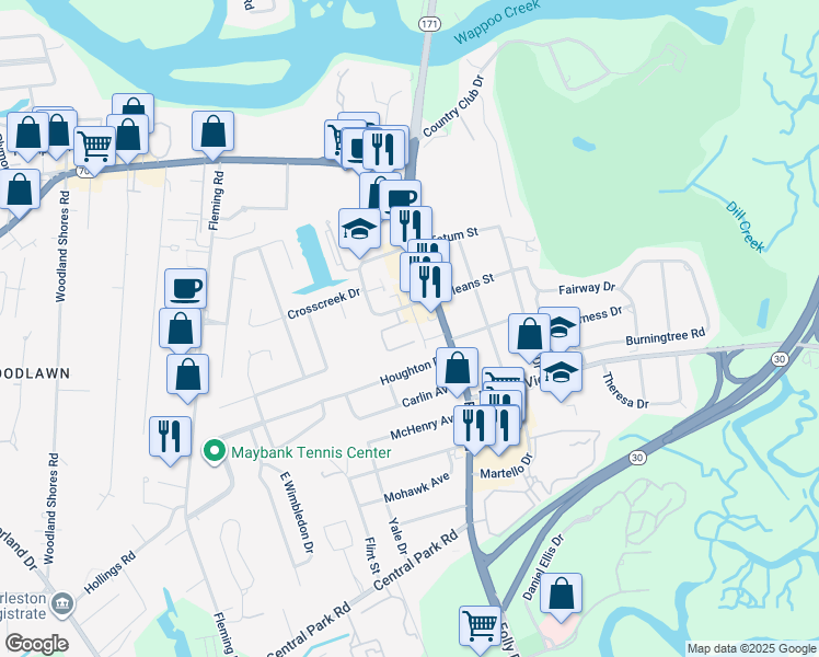 map of restaurants, bars, coffee shops, grocery stores, and more near 3 Sawgrass Road in Charleston