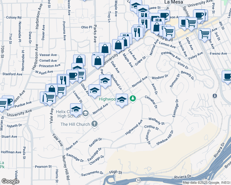 map of restaurants, bars, coffee shops, grocery stores, and more near 4323 Parks Avenue in La Mesa