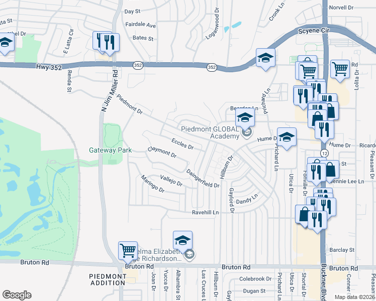 map of restaurants, bars, coffee shops, grocery stores, and more near 7416 Eccles Drive in Dallas