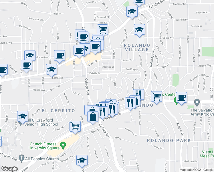map of restaurants, bars, coffee shops, grocery stores, and more near 4396 Cartagena Drive in San Diego