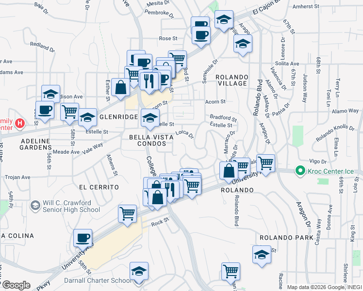 map of restaurants, bars, coffee shops, grocery stores, and more near 4396 Cartagena Drive in San Diego