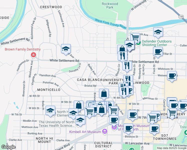 map of restaurants, bars, coffee shops, grocery stores, and more near 200 Bailey Avenue in Fort Worth