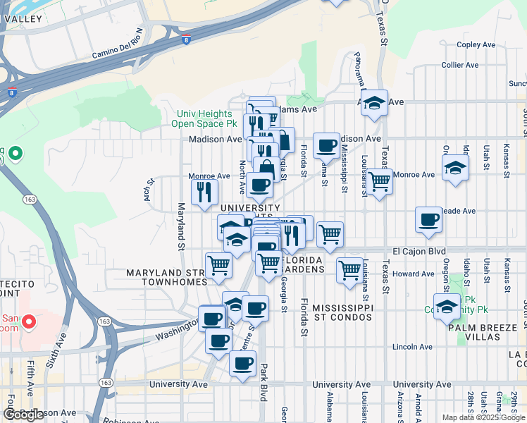map of restaurants, bars, coffee shops, grocery stores, and more near Park Blvd & Meade Ave in San Diego
