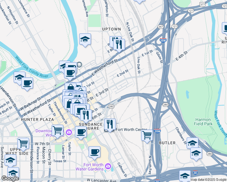 map of restaurants, bars, coffee shops, grocery stores, and more near 567 Elm Street in Fort Worth