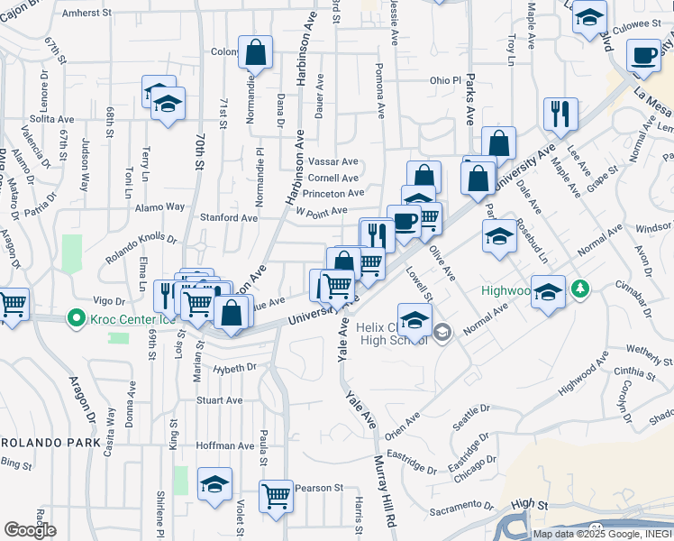 map of restaurants, bars, coffee shops, grocery stores, and more near 4344 Yale Avenue in La Mesa