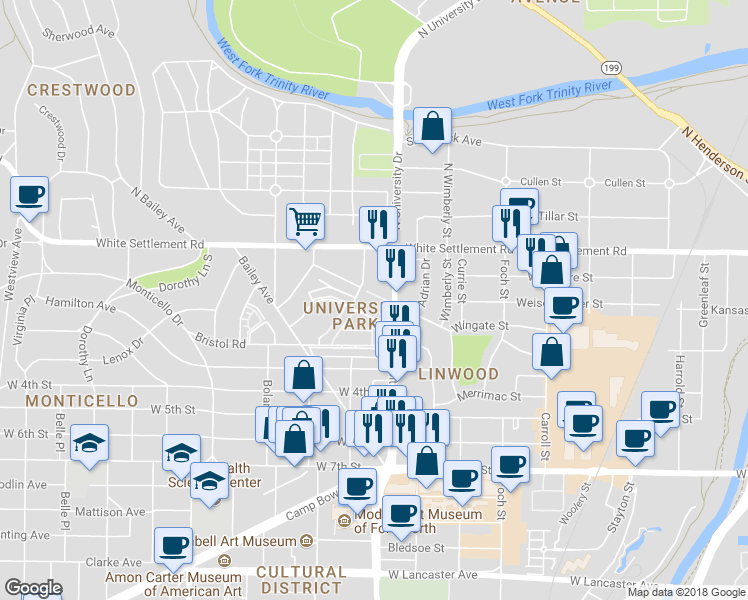 map of restaurants, bars, coffee shops, grocery stores, and more near 220 University Dr in Fort Worth