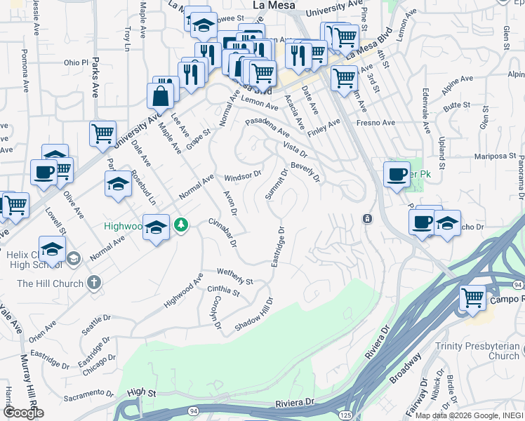 map of restaurants, bars, coffee shops, grocery stores, and more near 4303 Sheldon Drive in La Mesa